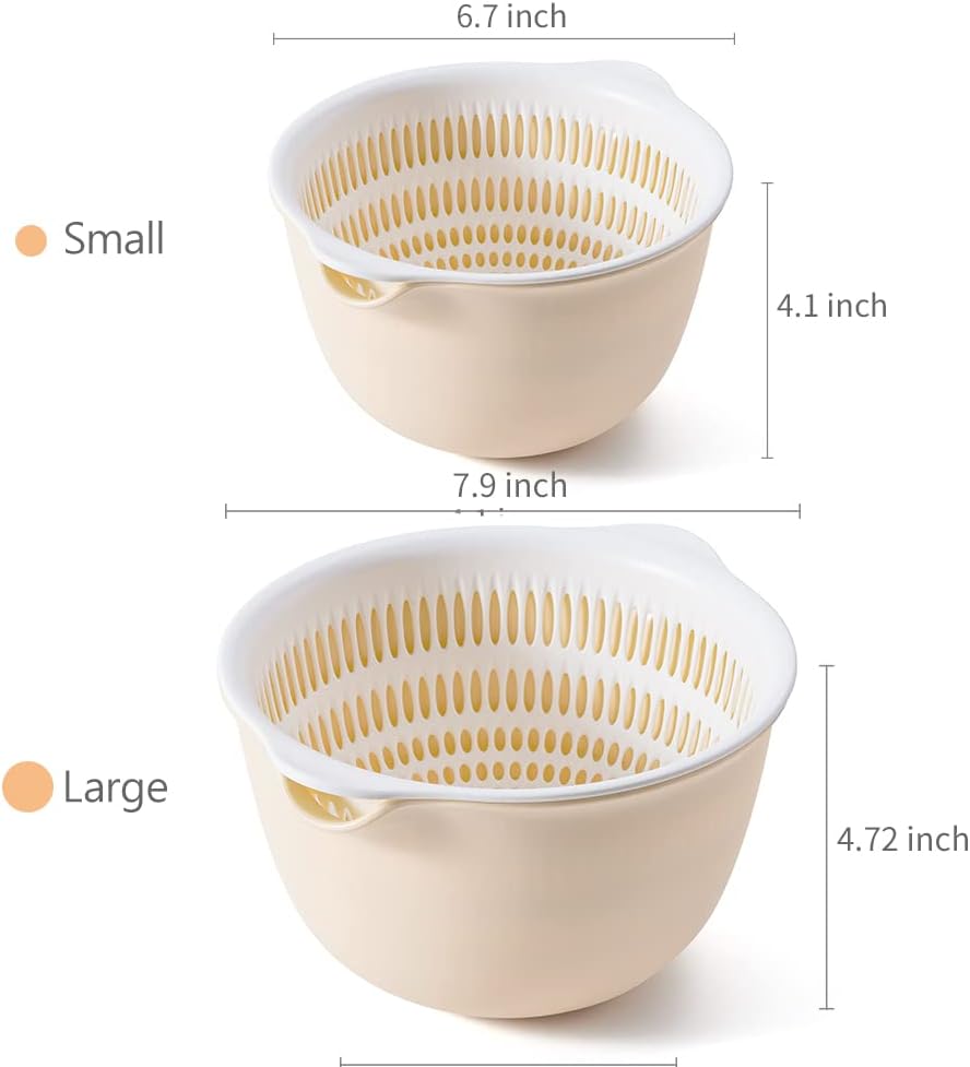 2 in 1 Kitchen Colander Set with Bowl Strainer (2 Sets 3 Qt).BPA Free Plastic Fruits and Vegetable Washing Basket.Dishwasher Friendly Double Layered Drain Basin.for Pasta Salad Berry Cleaning Mixing