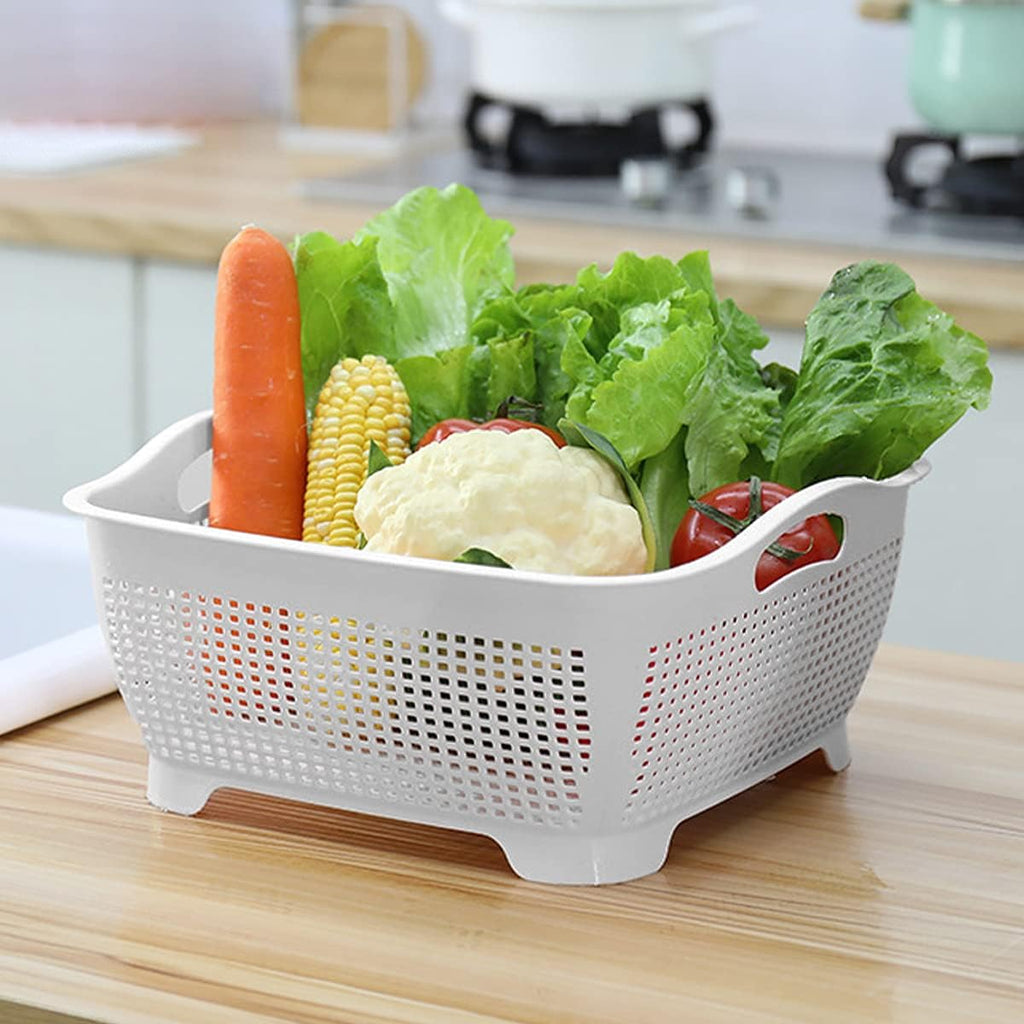 Double-layer Draining Basket Plastic Fruits Vegetable Washing Basket Food Storage Basket Multi-layer Stackable Vegetable Sinks Wash Drain Basket for Kitchen (Grey)
