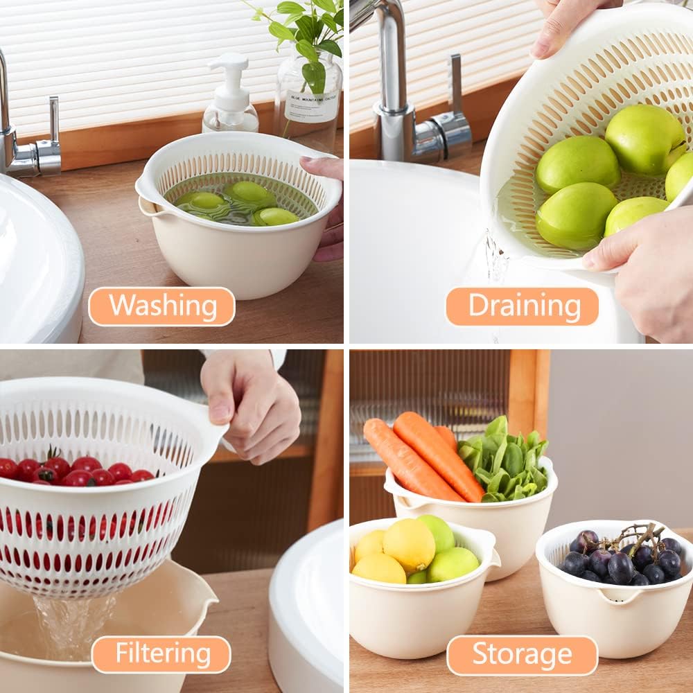 2 in 1 Kitchen Colander Set with Bowl Strainer (2 Sets 3 Qt).BPA Free Plastic Fruits and Vegetable Washing Basket.Dishwasher Friendly Double Layered Drain Basin.for Pasta Salad Berry Cleaning Mixing