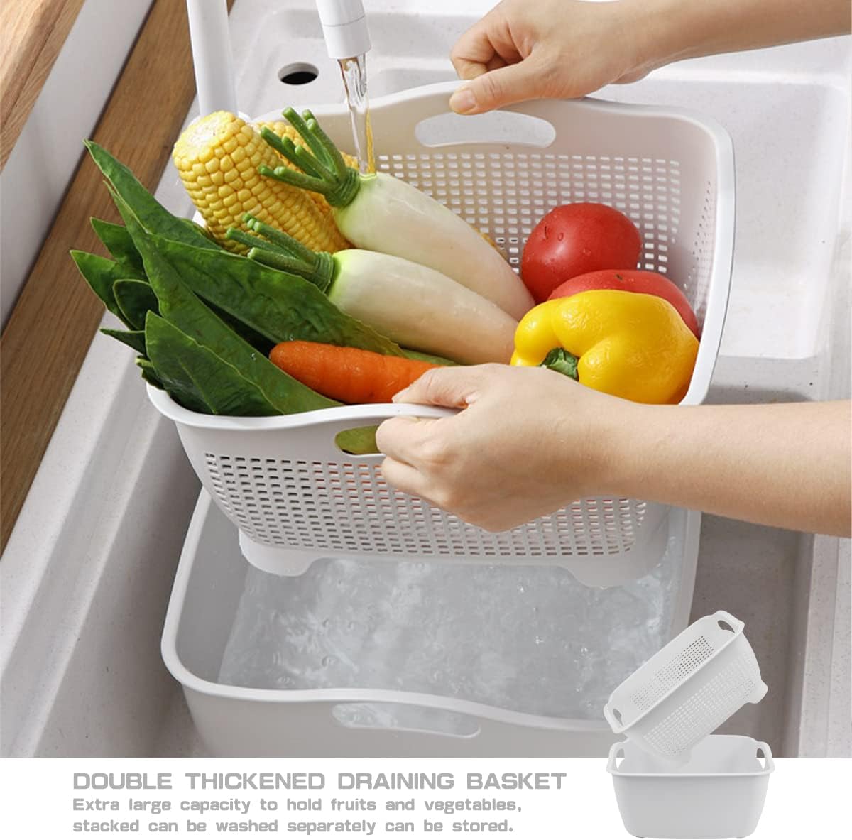 Double-layer Draining Basket Plastic Fruits Vegetable Washing Basket Food Storage Basket Multi-layer Stackable Vegetable Sinks Wash Drain Basket for Kitchen (Grey)