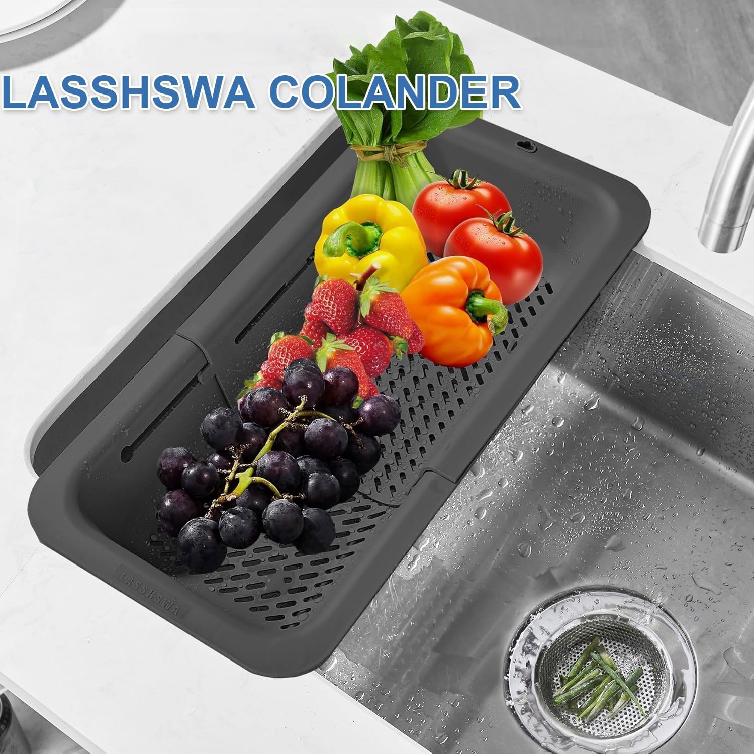 LASSHSWA Collapsible Colander for Kitchen. Over the Sink Strainer Basket for Kitchen. Fruit Pasta Food Strainer Expandable Plastic Colander BPA Free (Black)