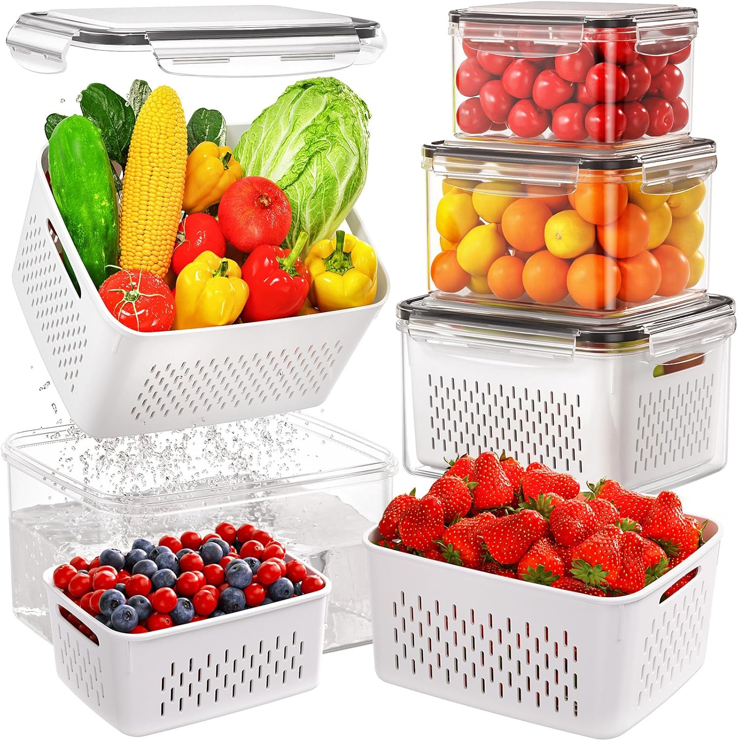 4 PCS Fruit Storage Containers for Fridge. Produce Containers for Fridge with Removable Colander. All-In-One Fruit Washing Bowl with Strainer Microwave/Dishwasher Safe for Salad Berry Lettuce Keeper